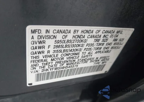 2004 Honda Pilot Ex-L z USA, uszkodzony, nr VIN 2HKYF18514H545575